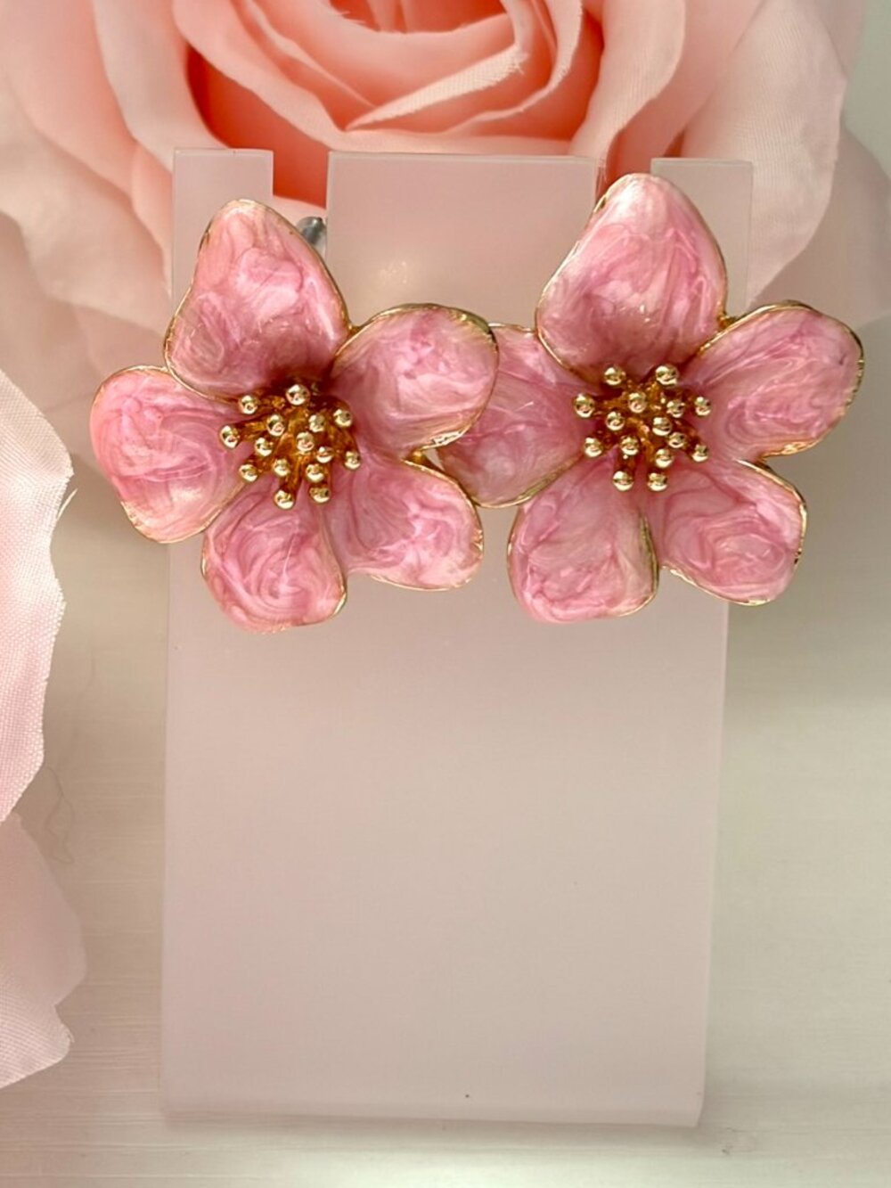 Pink Enamel Flower Stud Earrings Gold Tone Floral Statement Earrings  Descriptio